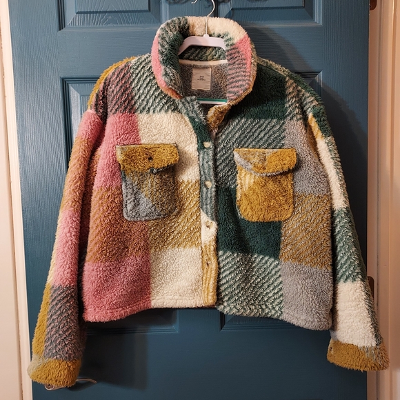 Thread Supply Colorful Button Up Plaid Sherpa Jacket Medium - Picture 7 of 9